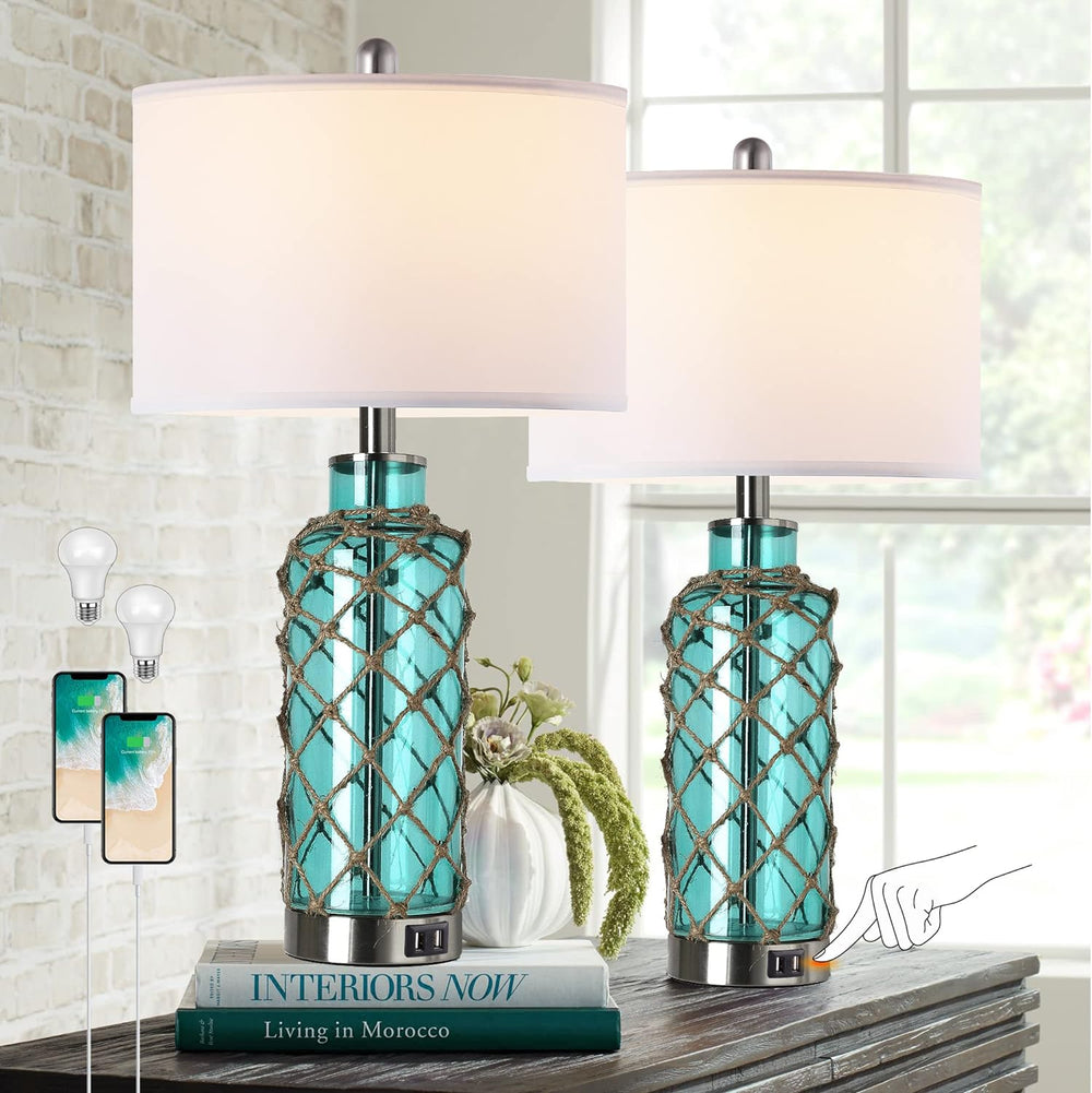 English Elm Cottage Blown Glass Rope Net Bedside Lamp Set Coastal Nautical Touch Dimmer Usb W3355P465377