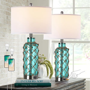 English Elm Cottage Blown Glass Rope Net Bedside Lamp Set Coastal Nautical Touch Dimmer Usb W3355P465377