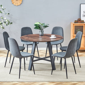 English Elm Table 7-Piece Modern Minimalist Dining Set: 42" Round Walnut Table & 6 Dark Gray Linen Chairs W1151S03754-GIGA