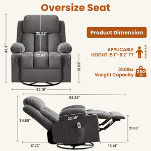 English Elm Swivel Rocker Recliner with Massage Heat and Usb Port for Living Room Comfort W1521P429639