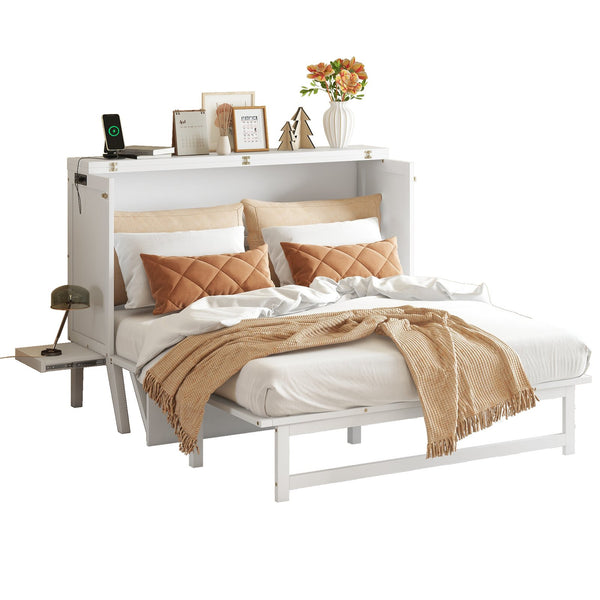 English Elm Queen Murphy Cabinet Bed Solid Pine Build with Usb Charging and Fold Out Desktop White W504S00168