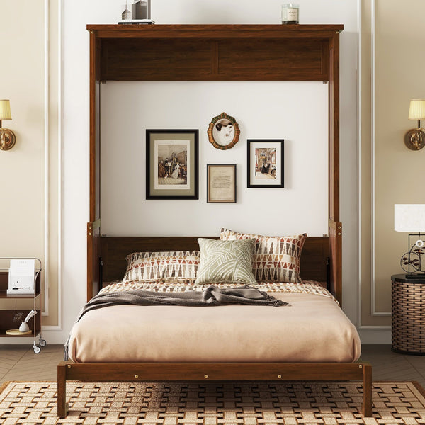 English Elm Queen Murphy Wall Bed with Integrated Desk Gas Strut Lift White Cabinet for Small Spaces Walnut W504S00226