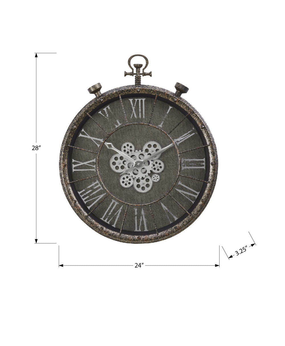 English Elm Clocks, 24" Round Gear Mechanism Wall Clock In Rustic Grey - Vintage Style For Home & Office Decor B2710P287148