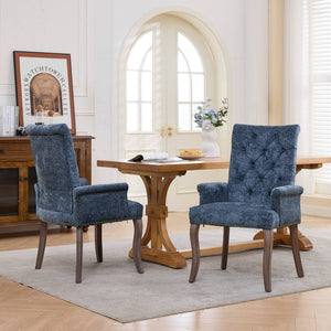 English Elm Upholstered Chenille Club Dining Chair Tufted High Back with Curved Solid Wood Legs Blue W1143P449346