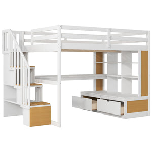 English Elm Full Full Size Loft Bed with Desk, Shelves, Two Drawers and Storage Staircase in Warm Wood Finish Natural+White GX000397AAD