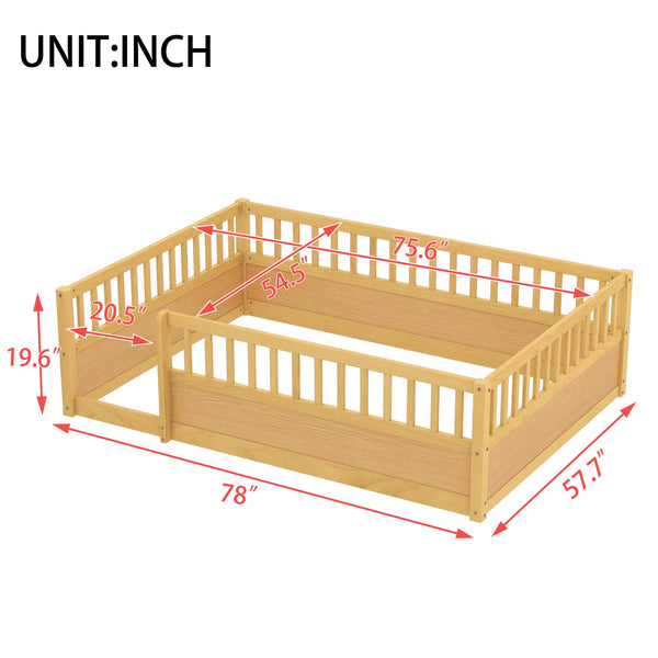 English Elm Full Montessori Floor Bed Frame with Fence for Kids — Pine Play & Reading Space, Sturdy Low Profile Natural W1580P307884
