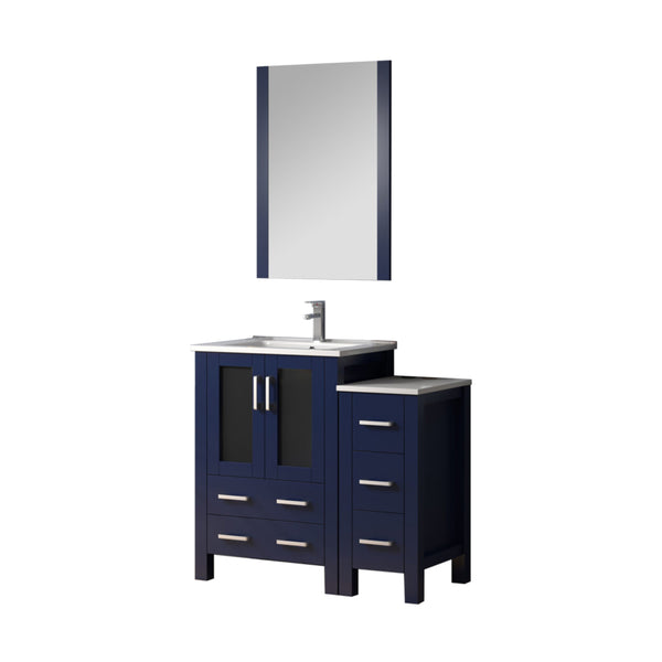English Elm Navy Blue Bath Vanity Set With Side Cabinet, White Ceramic Top, Mirror & Chrome Faucet For Modern Spaces B2731S01362