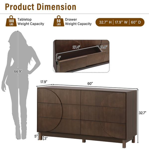 English Elm Modern Fluted 6 Drawer Dresser with Solid Wood Legs Japandi Chest for Bedroom Dark Brown N739S0000015D