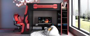 English Elm Twin Gaming Loft Bed with Desk Rgb Lighting and Multi-tier Shelves for Teen Rooms Red LT000160AAR