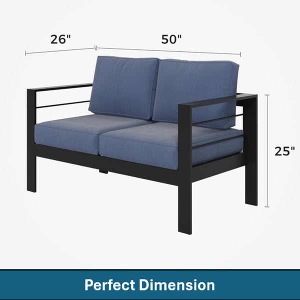 English Elm 50" Cast Aluminum Outdoor Loveseat with Uv Resistant Olefin Cushions for Patio Decks Black+Blue B082P454971