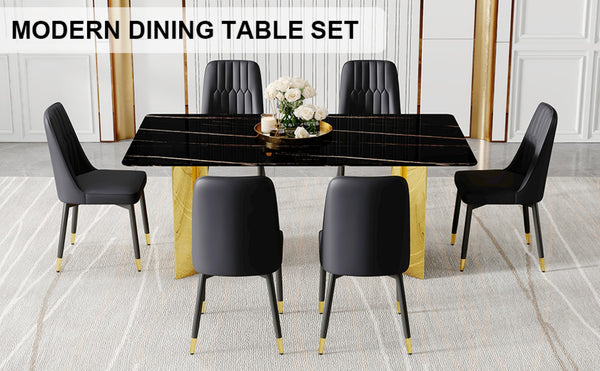 English Elm Table Set With Glass Top, Imitation Marble Design & 6 Pu Upholstered Chairs For Modern Dining Elegance W1151S04332-GIGA