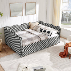English Elm Full Size Gingham Linen Daybed with Wave Backrest Trundle and Usb Charging Port Black W1413S00154