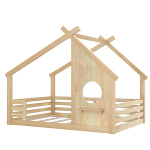English Elm Full House Floor Bed with Roof Window and Shelf – Solid Pine Kids Loft-Style Low Bed, Durable Design Natural W1580P362703