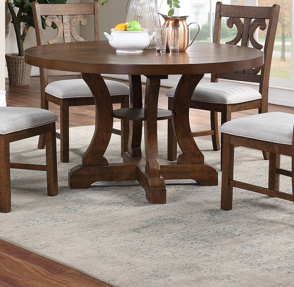 English Elm Oak Distressed 5pc Round Dining Set with Carved Cushioned Chairs and Server-Style Rustic Charm Oak 57 L x 57 W x 6 H B011S01666