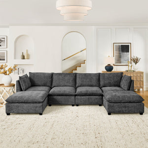 English Elm Comfy Cloud Sectional Chenille Deep Seat Sofa with Ottomans for Living Room Lounging Grey W1117S00285