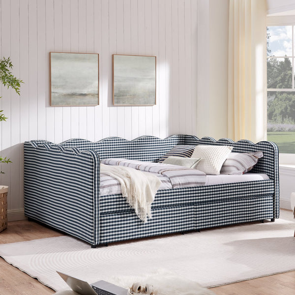 English Elm Queen Gingham Linen Daybed with Wave Backrest Two Storage Drawers and Usb Port Navy Blue W1413S00152