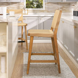 English Elm Pierre 26" Farmhouse Saddle Kitchen Island Counter Stool With Back, Sunkissed Beige Leather & Natural Wood