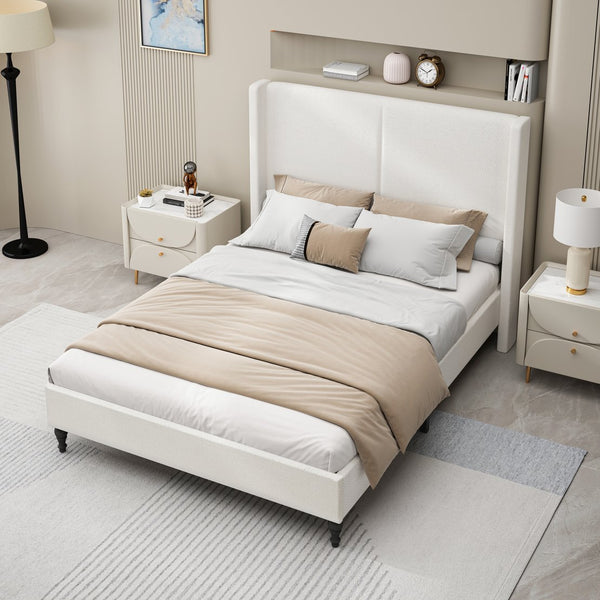 English Elm Queen Plush Upholstered Bed Frame with 55.5" High Headboard, Bouclé Style, 12-Slat Support, 1000lb Capacity White 64.96 L x 31.5 W x 8.07 H W1716P335676