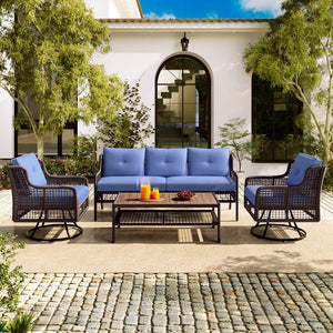 English Elm GO 4 Pieces Outdoor Acacia Wood Sofa Set with Removable Cushions, Woven Armrests & Coffee Table Blue N704G201247C