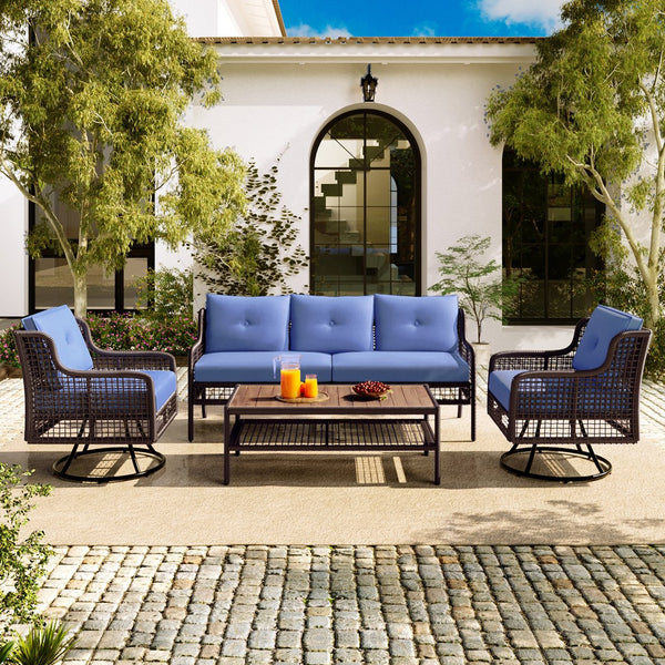 English Elm GO 4 Pieces Outdoor Acacia Wood Sofa Set with Removable Cushions, Woven Armrests & Coffee Table Blue N704G201247C