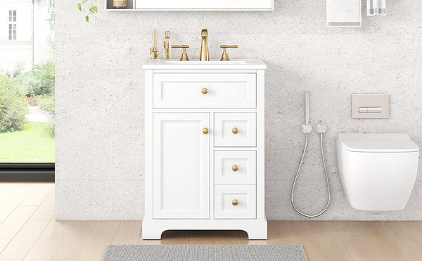 English Elm "24'' 24 Inch Glossy Freestanding Bathroom Vanity with Gold Hardware and Soft Close Storage White Pinewood N725P375495K