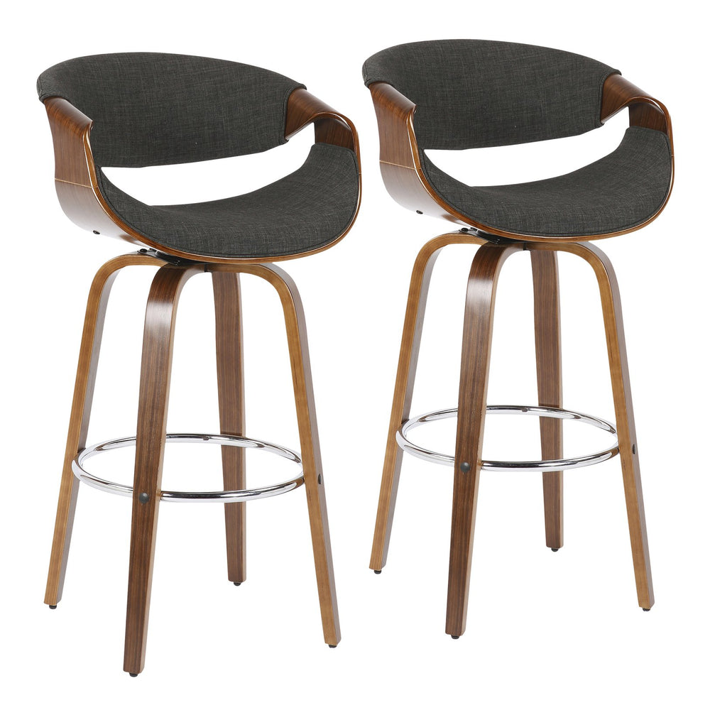 English Elm 30" Mid-century Swivel Barstool Walnut Bentwood Frame Woven Upholstered Seat Set of 2 Charcoal B202S00519