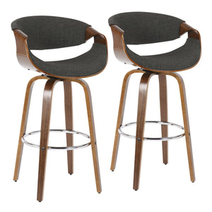 English Elm 30" Mid-century Swivel Barstool Walnut Bentwood Frame Woven Upholstered Seat Set of 2 Charcoal B202S00519