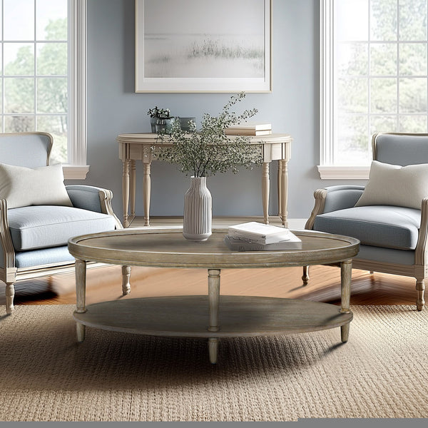 JLA Home Martha Stewart - Oval Reclaimed Greige Coffee Table with Raised Edge, Lower Shelf & Turned Legs — Farmhouse Chic Durable Design MT120-1200