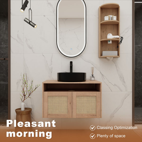 English Elm 30" Floating Bathroom Vanity Oak Finish Ceramic Vessel Sink Soft Close Plywood Cabinet W999S00502