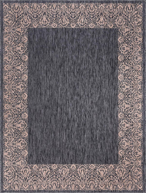Unique Loom Outdoor Border Floral Border Machine Made Floral Rug Charcoal Gray, Beige/Gray 9' 0" x 12' 0"