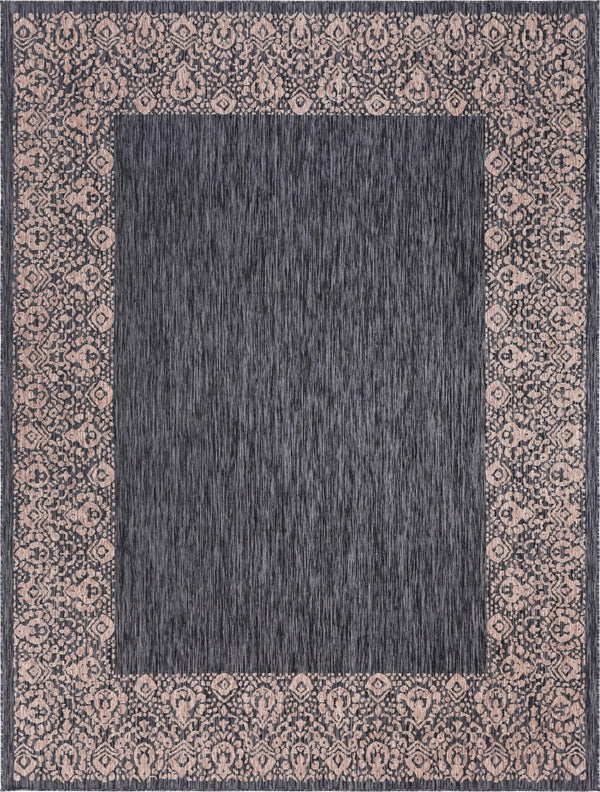 Unique Loom Outdoor Border Floral Border Machine Made Floral Rug Charcoal Gray, Beige/Gray 9' 0" x 12' 0"