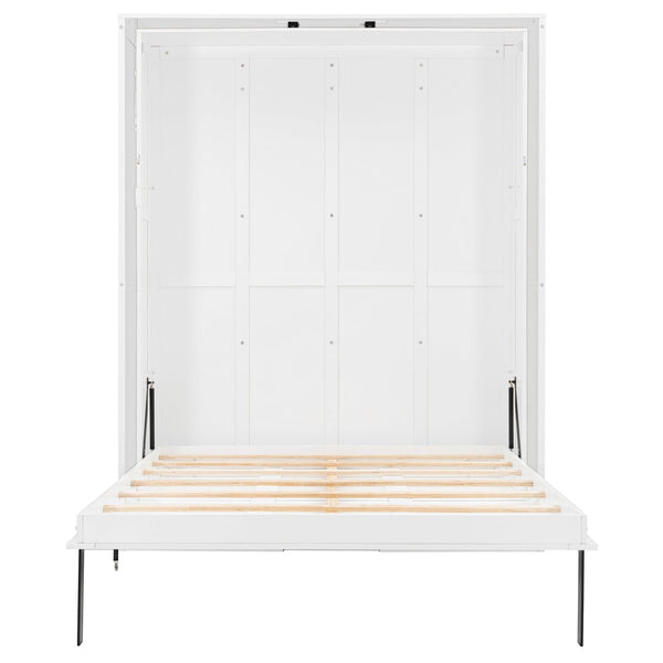 English Elm Rotating Queen Murphy Wall Bed with 14 Open Shelves Hydraulic Lift Space Saving White LP000962AAK