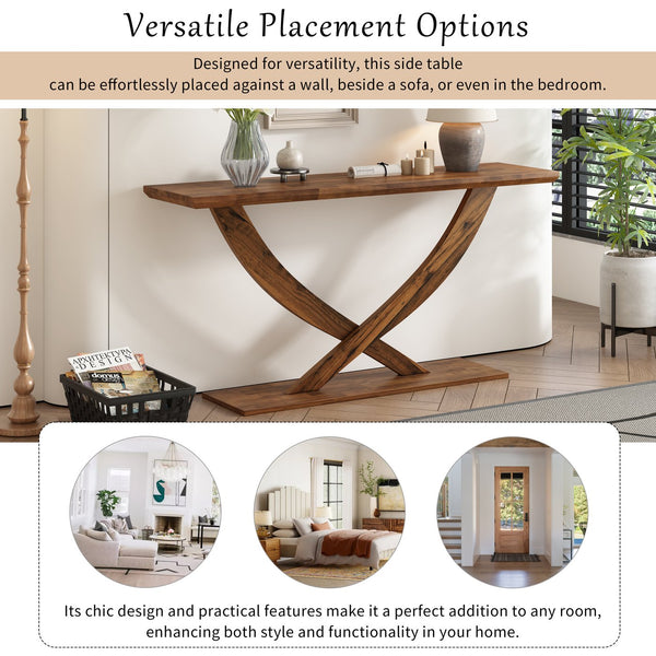 English Elm Mirod 57 Inch Acacia Veneer Console Table with Cross Leg Base for Entryway Brown N760P214643D