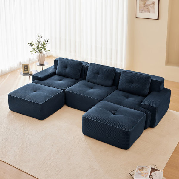 English Elm 117" Modern U-Shaped Modular Sofa In Plush Corduroy With Movable Ottoman & Tufted Design, Blue W714S01496