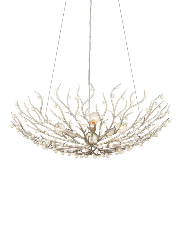 Currey & Company Shinju Pearl Orb Chandelier - Elegant Silver Leaf Design With Fresh-water Pearls & Adjustable Height Silver Pearl ,Wrought Iron 9000-1292-currey-company