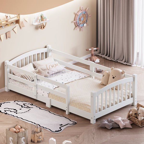 English Elm Twin Montessori Floor Bed Solid Pine Frame with Safety Guardrails for Kids Bedroom White N733P400298K