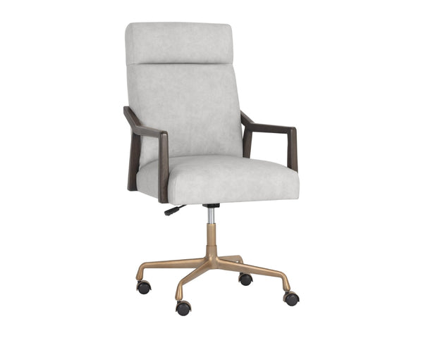 Sunpan COLLIN Office Chair - Luxurious Saloon Light Grey Leather with Warm Oak Arms for Elegance & Comfort 110541