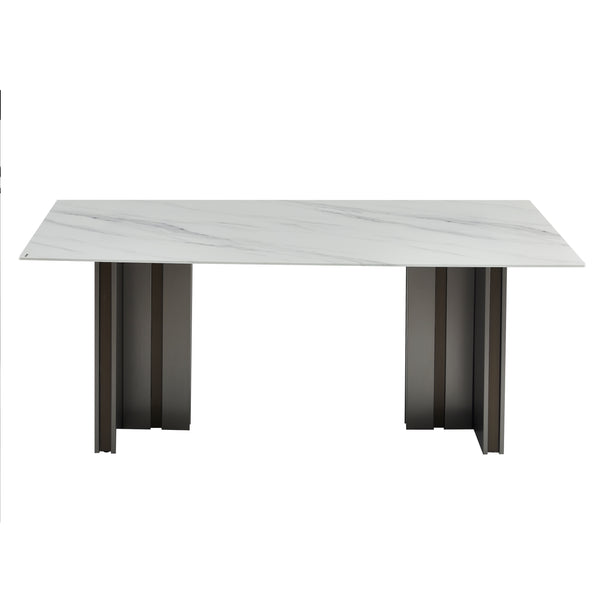 English Elm 69.30 Inch Rectangular Dining Table Marble Pattern Top with Polished Steel Legs Seats Six W3357S00002