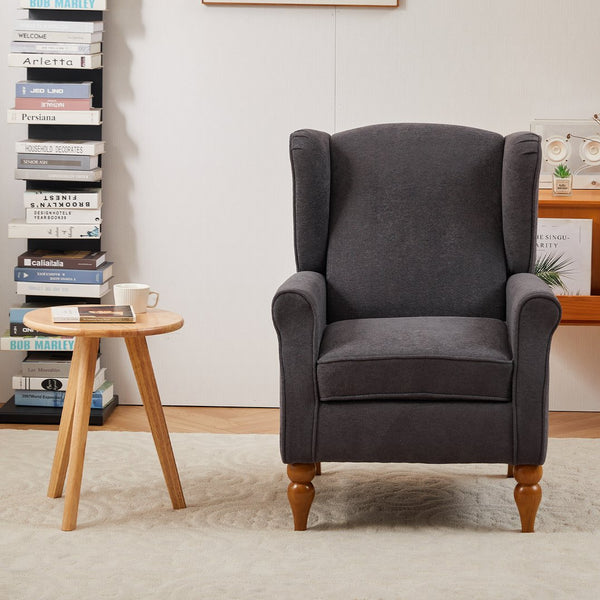 English Elm Coffee Table & Armchair Set with Vintage Roman Column Legs, Breathable Fabric, Solid Rubberwood Craftsmanship Antique Dark Grey W2989P339879