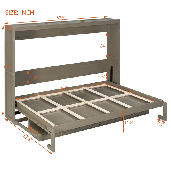 English Elm Queen Murphy Bed Cabinet with Vanity Desk Hydraulic Lift Mirror Distressed Finish Gray LP000766AAE-1