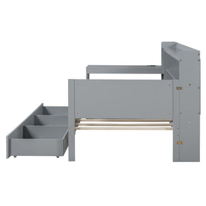 English Elm Twin Size Multifunctional Wooden Daybed With Usb Ports, Desk & 3 Storage Drawers In Gray Finish N820S00017E-GIGA