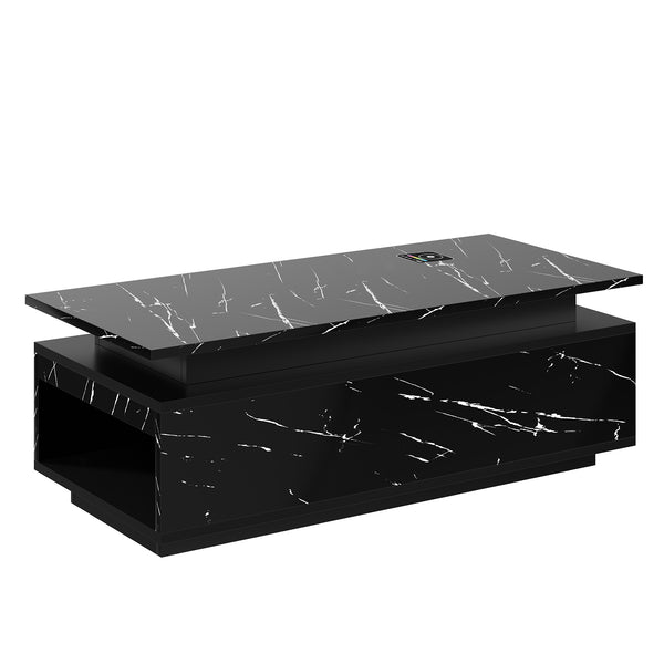 English Elm Coffee Table with Led Lighting Bluetooth Speaker Wireless Charging and Faux Marble Top Black T3773P415725