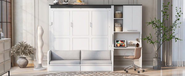 English Elm Multi-functional Queen Murphy Bed with Sofa Desk and Cabinet White Wood Frame N7090000606K-1