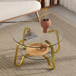 English Elm Retro Industrial Square Coffee Table Dual Tier Tempered Glass and Powder Coated Metal Frame Gold W3875P373155