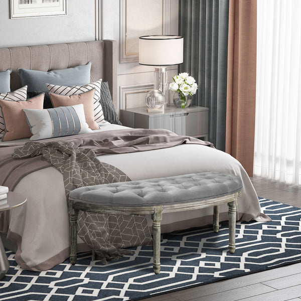 English Elm HOMCOM Vintage Semi-Circle Upholstered Entryway Bench with Tufted Velvet-Touch Seat and Rubberwood Legs Grey W2225P217020