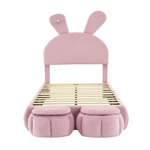 English Elm Twin Upholstered Platform Bed with Cute Cartoon Ears Headboard, LED Light, Adjustable Height, Pink WF321677AAH