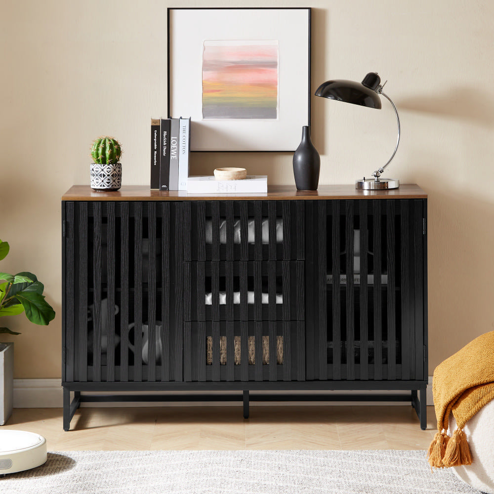 English Elm 3 Drawer Black Dresser with 4 Shelves and Slatted Grille Doors — Modern MDF Sideboard, Durable Metal Legs, Ample Storage for Bedroom & Living Room W578P193314