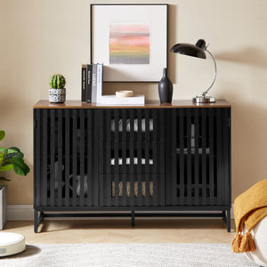 English Elm 3 Drawer Black Dresser with 4 Shelves and Slatted Grille Doors — Modern MDF Sideboard, Durable Metal Legs, Ample Storage for Bedroom & Living Room W578P193314