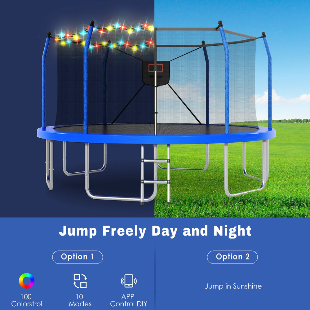 English Elm 14ft Backyard Trampoline with Led Lights Basketball Hoop and Galvanized Safety Frame N739P308480C