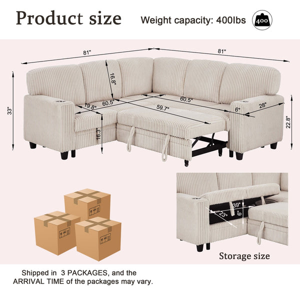 English Elm L-Shaped Sofa with Pull-Out Bed and Storage, 5-Seat Sectional with USB, Cup Holders, Cozy Chenille Beige W1998S00075